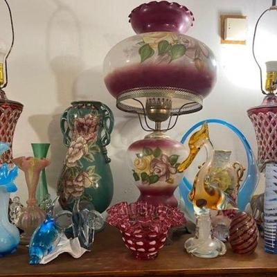 Pink REverse Coin dot, Ventian glassduck w label Hurricane Lamp
