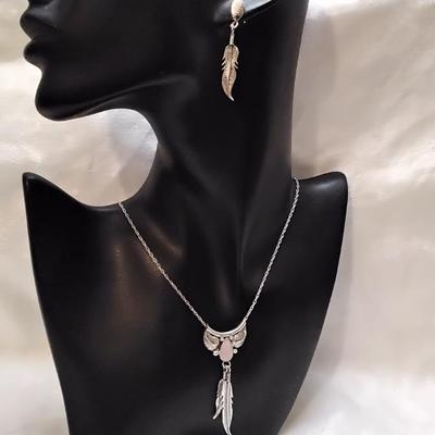 Navajo Pink Mother of Pearl  17" Necklace And Earrings Signed 925 Set