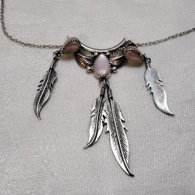Navajo Pink Mother of Pearl  17" Necklace And Earrings Signed 925 Set