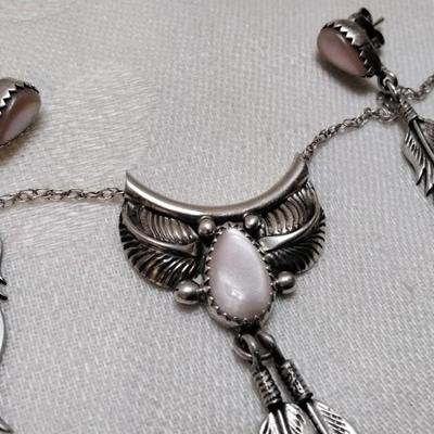 Navajo Pink Mother of Pearl  17" Necklace And Earrings Signed 925 Set