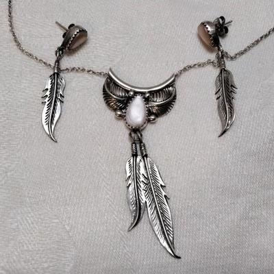 Navajo Pink Mother of Pearl  17" Necklace And Earrings Signed 925 Set