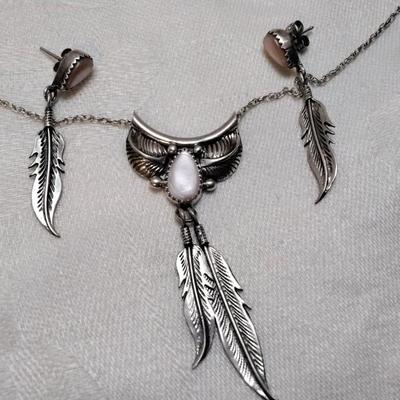 Navajo Pink Mother of Pearl  17" Necklace And Earrings Signed 925 Set