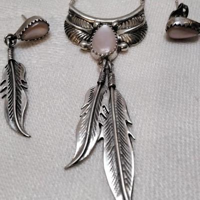 Navajo Pink Mother of Pearl  17" Necklace And Earrings Signed 925 Set