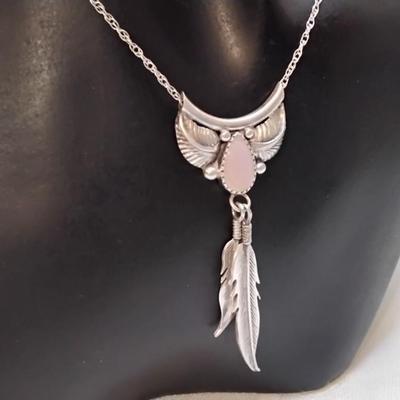 Navajo Pink Mother of Pearl  17" Necklace And Earrings Signed 925 Set