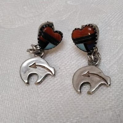 Navajo Quok Turquoise Lapidary Art 925 Signed Earrings