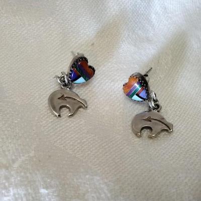 Navajo Quok Turquoise Lapidary Art 925 Signed Earrings