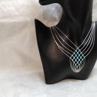 Turquoise Woven Liquid Sterling Silver 16" Necklace Signed M