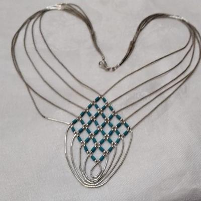 Turquoise Woven Liquid Sterling Silver 16" Necklace Signed M