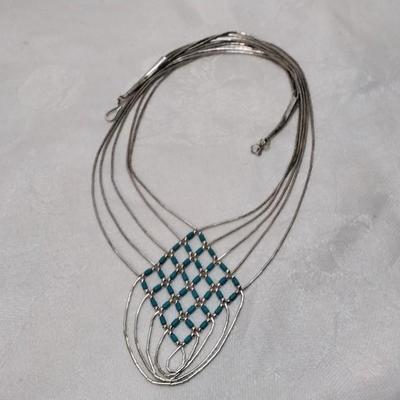 Turquoise Woven Liquid Sterling Silver 16" Necklace Signed M