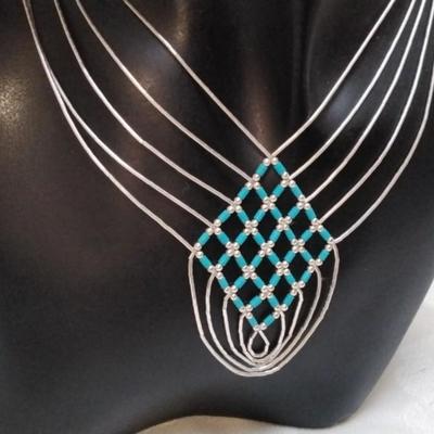 Turquoise Woven Liquid Sterling Silver 16" Necklace Signed M