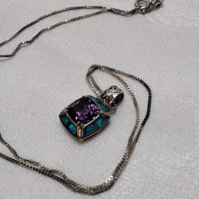 Amethyst Surrounded By Blue Fire Opal 925 18" Necklace