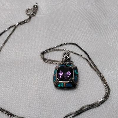 Amethyst Surrounded By Blue Fire Opal 925 18" Necklace