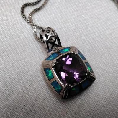 Amethyst Surrounded By Blue Fire Opal 925 18" Necklace