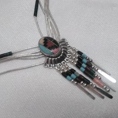 Vintage Zuni Liquid Sterling Silver Lapidary Art 20" Necklace