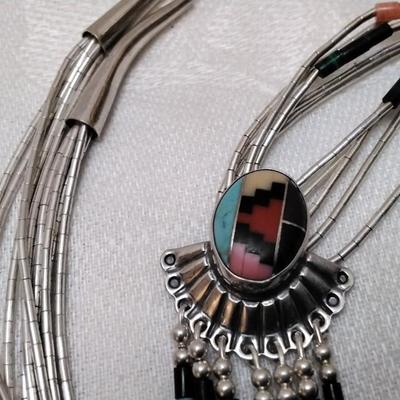 Vintage Zuni Liquid Sterling Silver Lapidary Art 20" Necklace