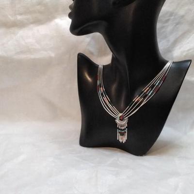 Vintage Zuni Liquid Sterling Silver Lapidary Art 20" Necklace
