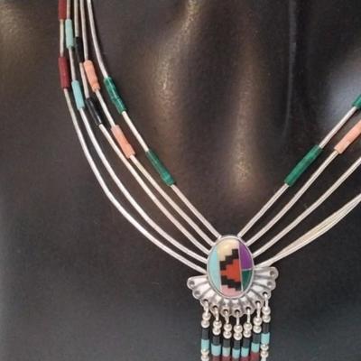Vintage Zuni Liquid Sterling Silver Lapidary Art 20" Necklace