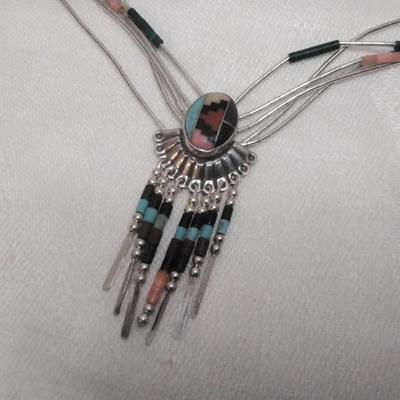 Vintage Zuni Liquid Sterling Silver Lapidary Art 20" Necklace