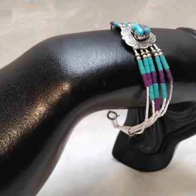 Purple Turquoise And Turquoise Zuni Lapidary Art Liquid Sterling Silver 6.5" Bracelet