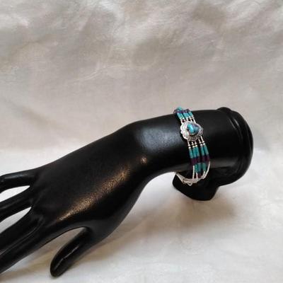 Purple Turquoise And Turquoise Zuni Lapidary Art Liquid Sterling Silver 6.5" Bracelet