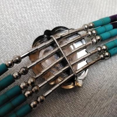 Purple Turquoise And Turquoise Zuni Lapidary Art Liquid Sterling Silver 6.5" Bracelet