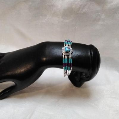 Purple Turquoise And Turquoise Zuni Lapidary Art Liquid Sterling Silver 6.5" Bracelet