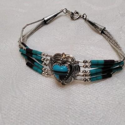 Purple Turquoise And Turquoise Zuni Lapidary Art Liquid Sterling Silver 6.5" Bracelet