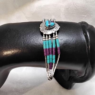 Purple Turquoise And Turquoise Zuni Lapidary Art Liquid Sterling Silver 6.5" Bracelet