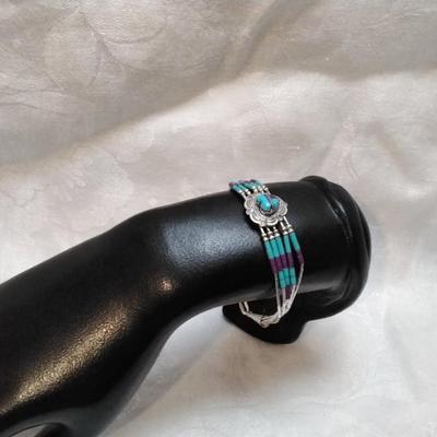 Purple Turquoise And Turquoise Zuni Lapidary Art Liquid Sterling Silver 6.5" Bracelet