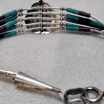 Purple Turquoise And Turquoise Zuni Lapidary Art Liquid Sterling Silver 6.5" Bracelet