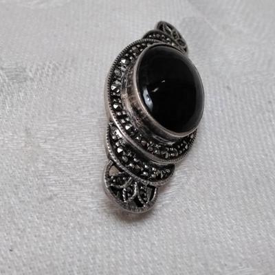 Vintage Italian Onyx and Marcasite 925 Brooch
