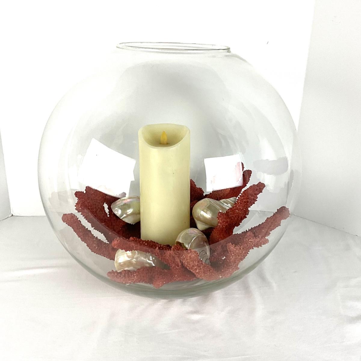 666 Faux Coral and Shells Round Glass Candle Bowl | EstateSales.org