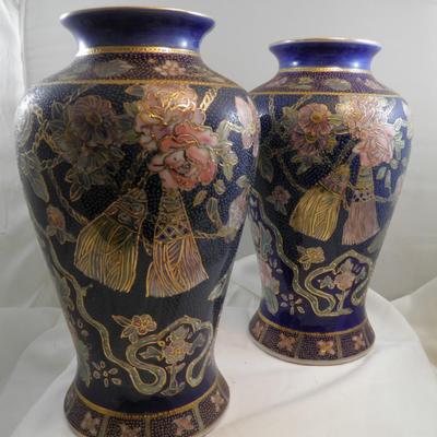 Set of Two Vintage Hand Painted Chinese Vases 12" Tall