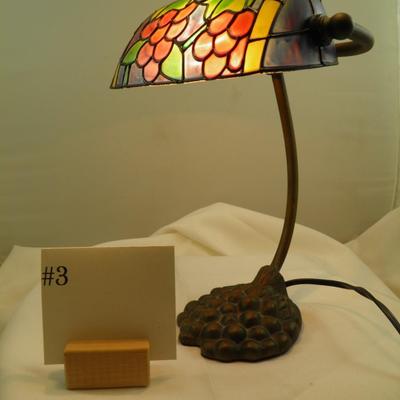 Grape Motif Stained Glass Tiffany Style Bankers Lamp 10" Tall