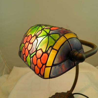 Grape Motif Stained Glass Tiffany Style Bankers Lamp 10" Tall