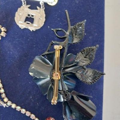 VINTAGE PAINTED BROACH-RINESTONE NECKLACE-BRACELETS AND EARRINGS