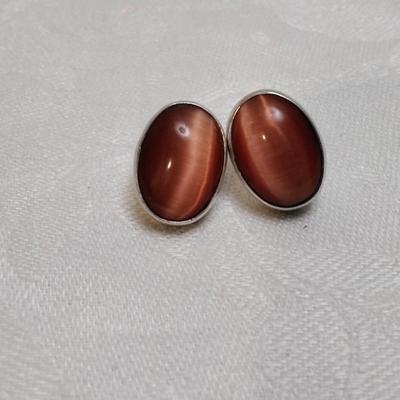 Vintage Taxco Two Trees Rare Orange Cats Eyes 925 Earrings