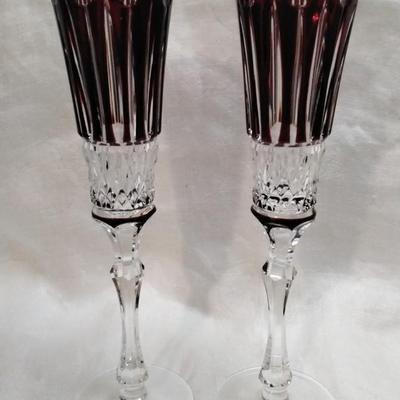 FABERGE Set of 2 XENIA Ruby Red Cut to Clear Crystal Champagne Flutes signed