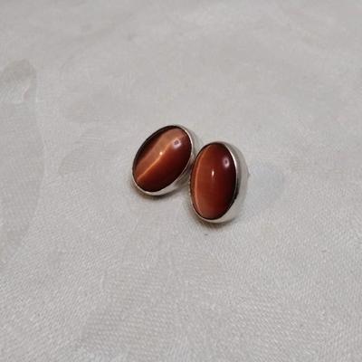 Vintage Taxco Two Trees Rare Orange Cats Eyes 925 Earrings