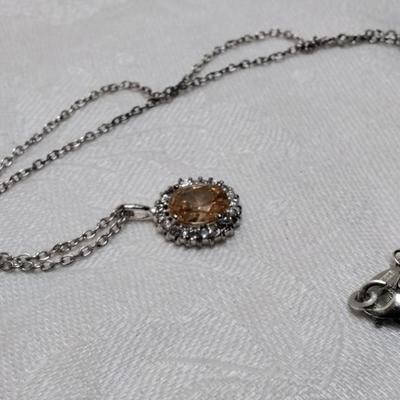 CW Citrine Surrounded by White Sapphires 18" 925 Necklace