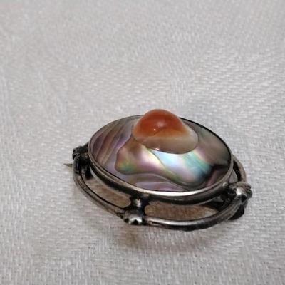 Antique Mediterranean Coral Set in Abalone 925 Brooch