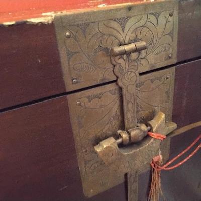 Antique Golden Dragon Wood & Brass Storage Box