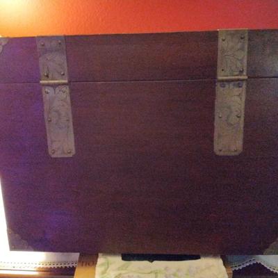 Antique Golden Dragon Wood & Brass Storage Box