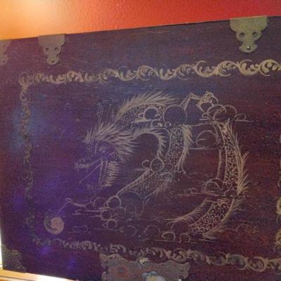 Antique Golden Dragon Wood & Brass Storage Box
