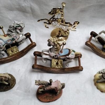 Set of 6 Porcelain and 1 Glass Carousel Horses