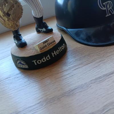 LARRY WALKER AND TODD HELTON BOBBLEHEADS WITH BANK HELMET