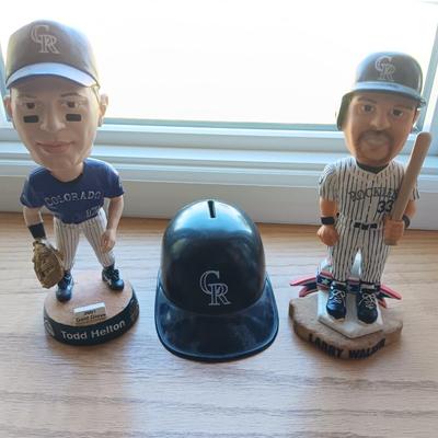 LARRY WALKER AND TODD HELTON BOBBLEHEADS WITH BANK HELMET