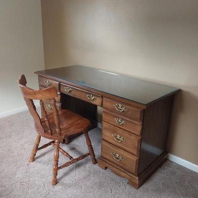 WOODEN SEVEN DRAWER DESK AND WOODEN CHAIR