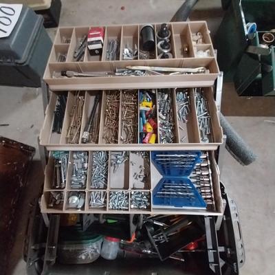 LARGE TRAY BOX FILLED WITH VARIETY OF HARDWARE