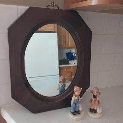 NICE WOOD FRAMED MIRROR BY "THE UTTERMOST CO" & TWO JAPAN FIGURINES